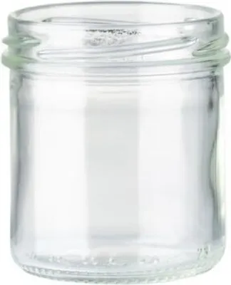 A clear glass jar with a threaded rim, shown against a white background.