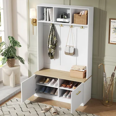 Produktbild von MODFU Kompaktgarderobe Garderobenschrank aus Garderobe, Schuhablage und mehrstufigen Aufbewahrungsfächern,Garderobenset mit Sitzbank in Natur & Weiß