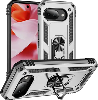 Obrázek produktu pro Pouzdro pro Google Pixel 9A dvouvrstvé robustní, vojenská ochrana pouzdro s držákem prstenu a stojánkem Stříbro