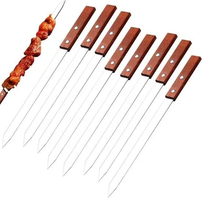 Produktbild von 8er-Pack wiederverwendbare, flache Schaschlikspieße (60 cm) – Edelstahl mit Holzgriff – Kebabspieße für Fleisch und Gemüse – Grillzubehör