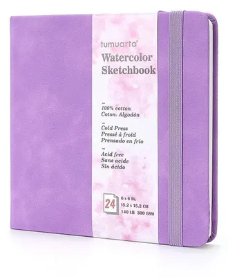 Image de Carnet de croquis aquarelle, format 15x15 cm, grammage 300 g/m², 100% coton, surface non couchée, 24 feuilles, couverture rigide violette