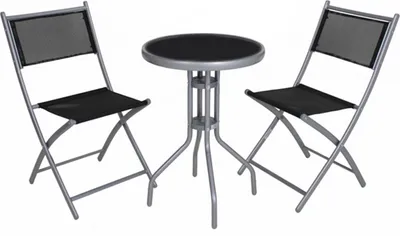 A garden bistro set with a round table and two folding chairs, all made of metal with black fabric seats and backs.