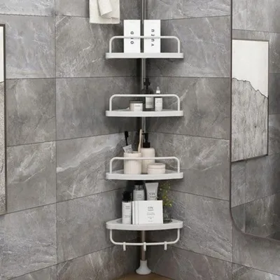 Produktbild von Duschkörbe & -ablagen, 4 Ablagen, 3 Haken, höhenverstellbar 100-320 cm, Duschablage, Duschregal, Eckregal, Badregal, ohne Bohren, Edelstahl, PP