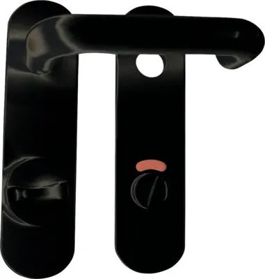 A black door handle set for a bathroom or toilet door.