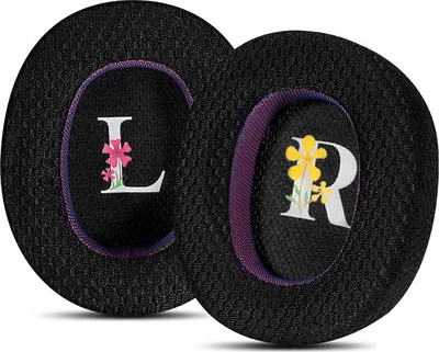Two black ear pads for headphones, each with a letter and a floral design.