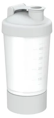 Obrázok produktu pre Šejker 400 ml "Protein" Pro 1 - Fitness šejker na proteínové a športové nápoje - Šejker do posilňovne s vyberateľným sitkom a vyberateľnou priehradkou - priehľadný/biely