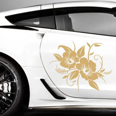 Produktbild von Aufkleber - 2er Set Autoaufkleber "Hibiskusblüten" je 50cm x 60cm gold - Tuning Carystyling Heckscheibe Auto