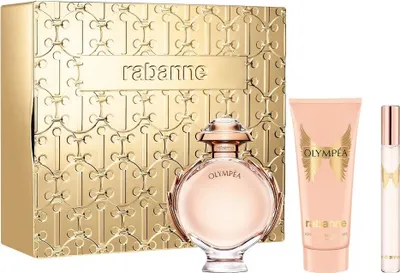 A gift set of Paco Rabanne Olympea perfume, including a perfume bottle, a lotion tube, and a rollerball perfume, displayed on a white background.
