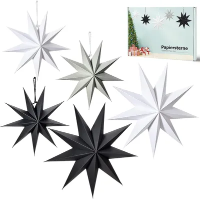 Produktbild von 5 Stück Skandinavisch Papiersterne für Weihnachts Deko, 9 Zacken Weihnachtssterne, 30cm x 3 + 45cm x 2, zum Aufhängen Weihnachtsdekoration, Fensterdekoration(Schwarz,Weiß,Grau)