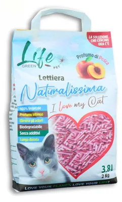 Obrázok produktu pre LifeGreen Naturalissima, prírodná stelivá pre mačky, 2 kg, s príchuťou broskyne, s obsahom hrachových vlákien a kukuričného škrobu