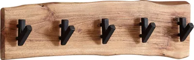 Wandgarderobe Akazie Massivholz Metall Hakenleiste mit gewölbter Holzoberfläche und fünf schwarzen Haken.