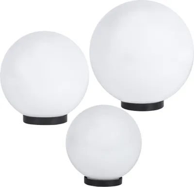 Three white globe lights of varying sizes are arranged on a white background.