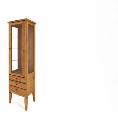 Produktbild von Vitrine Sydo aus Wildeiche massiv 50x45x180 cm 1 Tür 3 Schubladen Glas Holzbeine