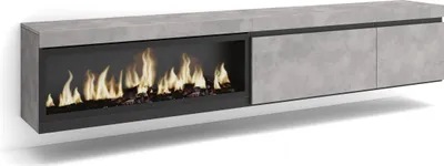 A modern, wall-mounted TV cabinet with a built-in electric fireplace.