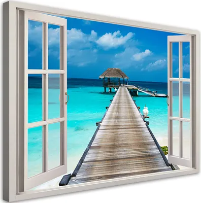 Produktbild von Leinwandbild Blick aus dem Fenster Blaues Meer Natur 90x60 Feeby Blau bild für die wand bereit zum aufhängen