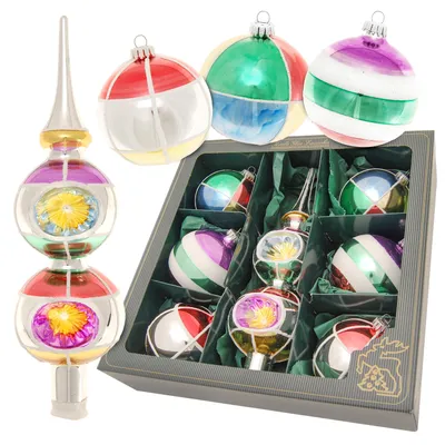 Produktbild von Krebs Glas Lauscha Glaskugeln im Retro-Style - 7 teiliges Set - in schicken Retro-Farben - mit Baumspitze - 21242