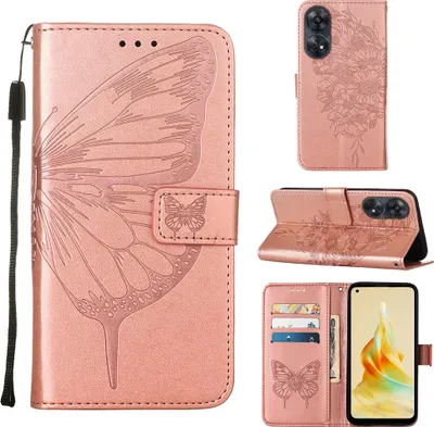 Obrázek produktu pro Pouzdro pro OPPO Reno8 T 4G Motýlí Reliéf Flip Kožené Pouzdro s Kapsami na Karty a Stojánkem Růžový
