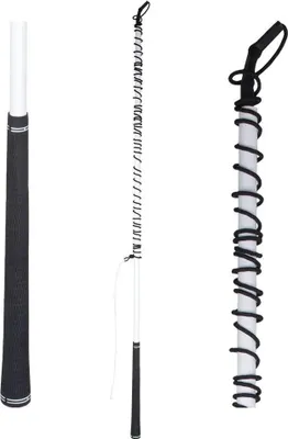 Three views of a vaulting whip, including a close-up of the grip, the full whip, and a close-up of the coiled part.