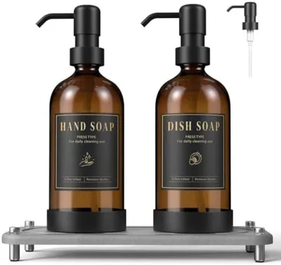 Productafbeelding van PromoHome® Zeepdispenser Set - 2 glazen dispensers met lekvrije pomp, geschikt voor badkamer en keuken