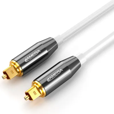 A close-up studio shot of two optical audio cables with Toslink connectors.