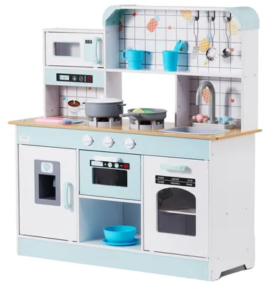 Immagine prodotto di Cucina giocattolo per bambini VEVOR, set di cucina giocattolo in legno con luci e suoni, cucina per bambini con gelatiera, forno, lavello, microonde, frigorifero e accessori per utensili e frutta