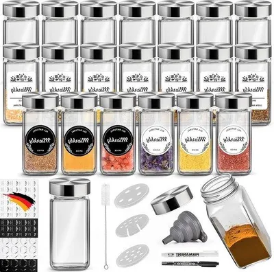 Produktbild von Vierkante Gewürzgläser 120ml Set 24 Edelstahldeckel Glas