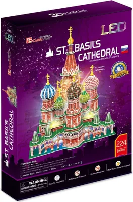 The image shows the packaging for a 3D puzzle of St. Basil's Cathedral with LED lighting.