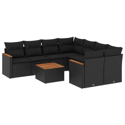 Produktbild von 9-tlg. Garten-Sofagarnitur mit Kissen Schwarz Poly Rattan