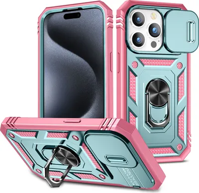 Produktbild von iPhone 15 Pro Max Hülle, Schiebe Kamera Schutz Robust Schutzhülle mit Ringhalterung Ständer Kartenhalter für iPhone 15 Pro Max Pink Grün