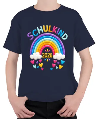 Productafbeelding van Schoolkind 2026, Regenboog, Eerste schooldag, Schooltas, Kinder T-shirt, Marineblauw, Maat 116