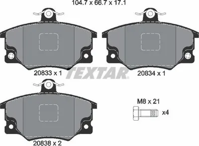 Produktbild von TEXTAR 2083302 Bremsbeläge Satz Vorne für FIAT Seicento / 600 Schrägheck (187) Panda Schrägheck (141) BARCHETTA (183) PUNTO (176) für ALFA ROMEO