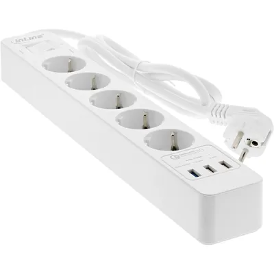 Produktbild von INLINE Steckdosenleiste 5-fach Schutzkontakt mit Ueberspannungsschutz und USB QuickCharge Schalter 1,5m weiss