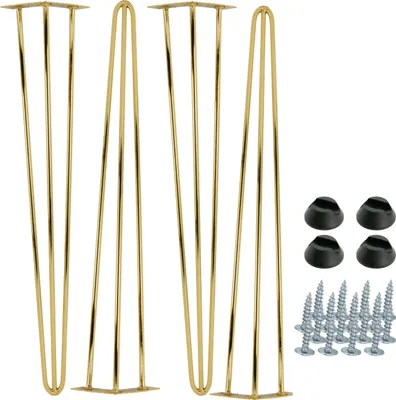 A set of four gold-colored hairpin furniture legs with black plastic floor protectors and screws, displayed on a white background.