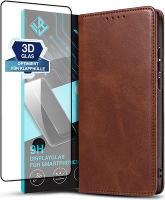 Produktbild von Handyhülle für Samsung Galaxy S20 mit 9H Displayglas Kunstleder Flip Cover Hülle Handytasche Case Kartenfach Farbe: Dunkelbraun