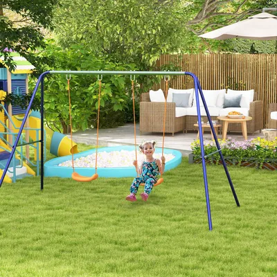 Produktbild von Kinder-Schaukelgestell mit 2 Schaukelsitzen, Doppelschaukel Stahlgestell wetterfest, Blau-Orange | 269 x 160 x 180 cm | 3–8 Jahre | 4 Bodenpfeile