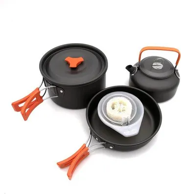 Produktbild von Camping-Set für 2-3 Personen, inkl. Kaffeepott, Aluminium-Set, 3-teilig, tragbar, Orangefarben