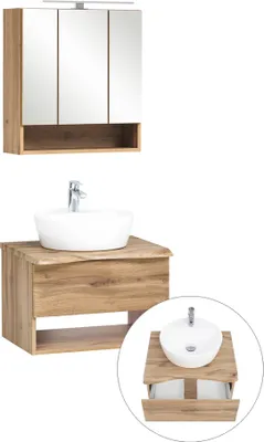 Produktbild von Waschtisch Set inkl. Aufsatzwaschbecken und LED Beleuchtung KAHLA-03 in Wotan Eiche Nb. Abdeckplatte mit Baumkantenoptik , B/H/T: ca. 61/200/52 cm