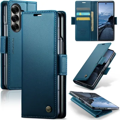 Produktbild von Lederhülle für Samsung Galaxy Z Fold 7 Brieftasche Kartenfach Schutzhülle mit Standfunktion Blau