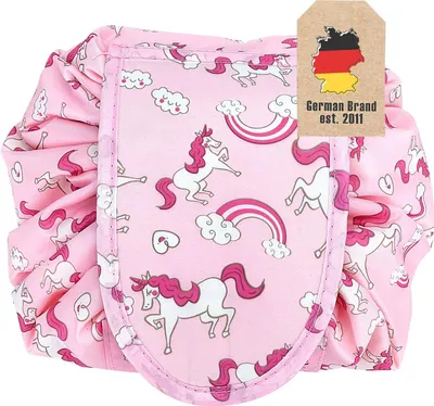 Obrázek produktu pro Kosmetická taštička Intirilife v barvě ROSE WHITE HORSES - kulatá toaletní taštička se stahovací šňůrkou na stažení a 2 vnitřními přihrádkami na zip, ideální na cesty - pro uložení make-upu atd.