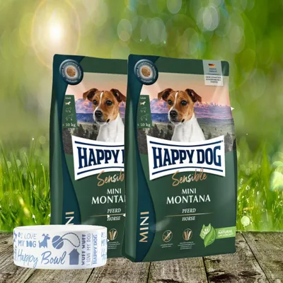 Produktbild von Happy Dog Sensible Mini Montana 2 x 4 kg + Happy Dog Futternapf geschenkt
