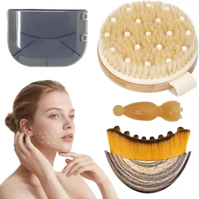 Produktbild von Lymfeborstel Gesicht, Massageborstel Körper, Acupressurstab Muskelentspannung, ergonomisch, 3-teilig, für