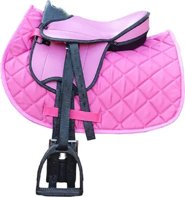 A pink saddle and saddle pad set for a child's pony.