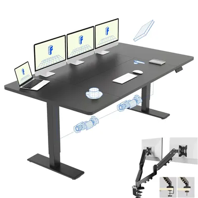 Image de Bureau réglable en hauteur FLEXISPOT QB2, électrique, dimensions 180x80 cm, avec support pour écran, 2 moteurs puissants, capacité de charge de 120 kg, 4 fonctions de mémoire, couleur noire