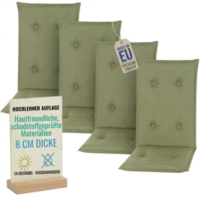 Produktbild von Pillows24 - 4x Hochlehner Auflagen 120x50x8 cm | Gesteppte Wetterfeste Gartenstuhlauflagen | Polster Sitzkissen für Gartenmöbel | EU | Grün