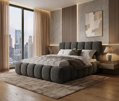 Produktbild von Polsterbett mit Bettkasten TOKIO 2 - Boucle / Lambi 11 Dunkelgrau / Schlaffläche 140 cm x 200 cm / Metallrahmen / Bett mit gepolstertem Kopfteil, KI-generiertes Bild