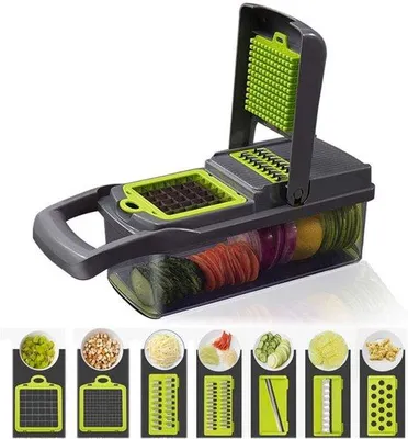 Produktbild von 12-in-1 Küchenhelfer – Stahlschneidwerkzeug mit 7 Messern für Karotten, Käse, Salat und Zucchinispagetti