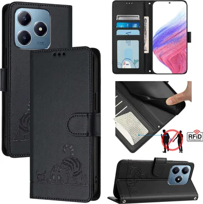 Produktbild von Leder Hülle für Realme C63/Realme C61 Süße Katze Flip Case Brieftasche Schutzhülle mit Standfunktion Schwarz