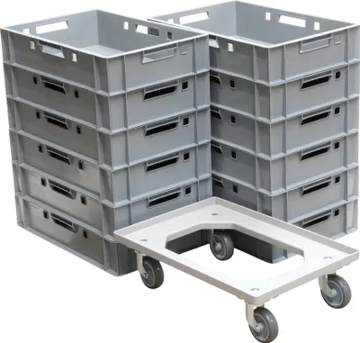 Produktbild von 12 Stück E1-Kasten grau + 1 Transportroller Typ C grau