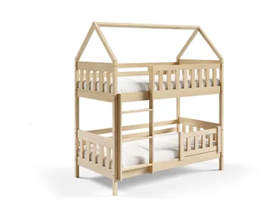 Produktbild von Masseno Etagenbett ELENA 80x160 cm mit Rausfallschutz, Kinderbett mit Leiter für Mädchen und Jungs, Stockbett 2 Kinder, Hausbett für Kinder, Kiefernholz