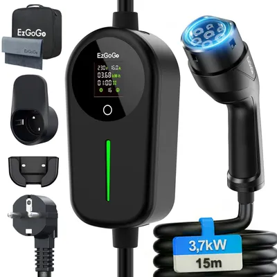 Image de Câble de recharge pour voiture de type 2 - Puissance : 3,68 kW - Longueur : 15 mètres - Pour voitures électriques et véhicules hybrides rechargeables (PHEV)